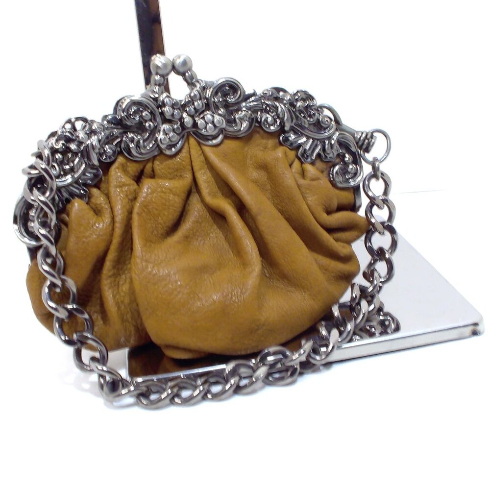 UNBRANDED, Brown Leather Mini Clutch with Silver Chain, Floral Design  in Metal